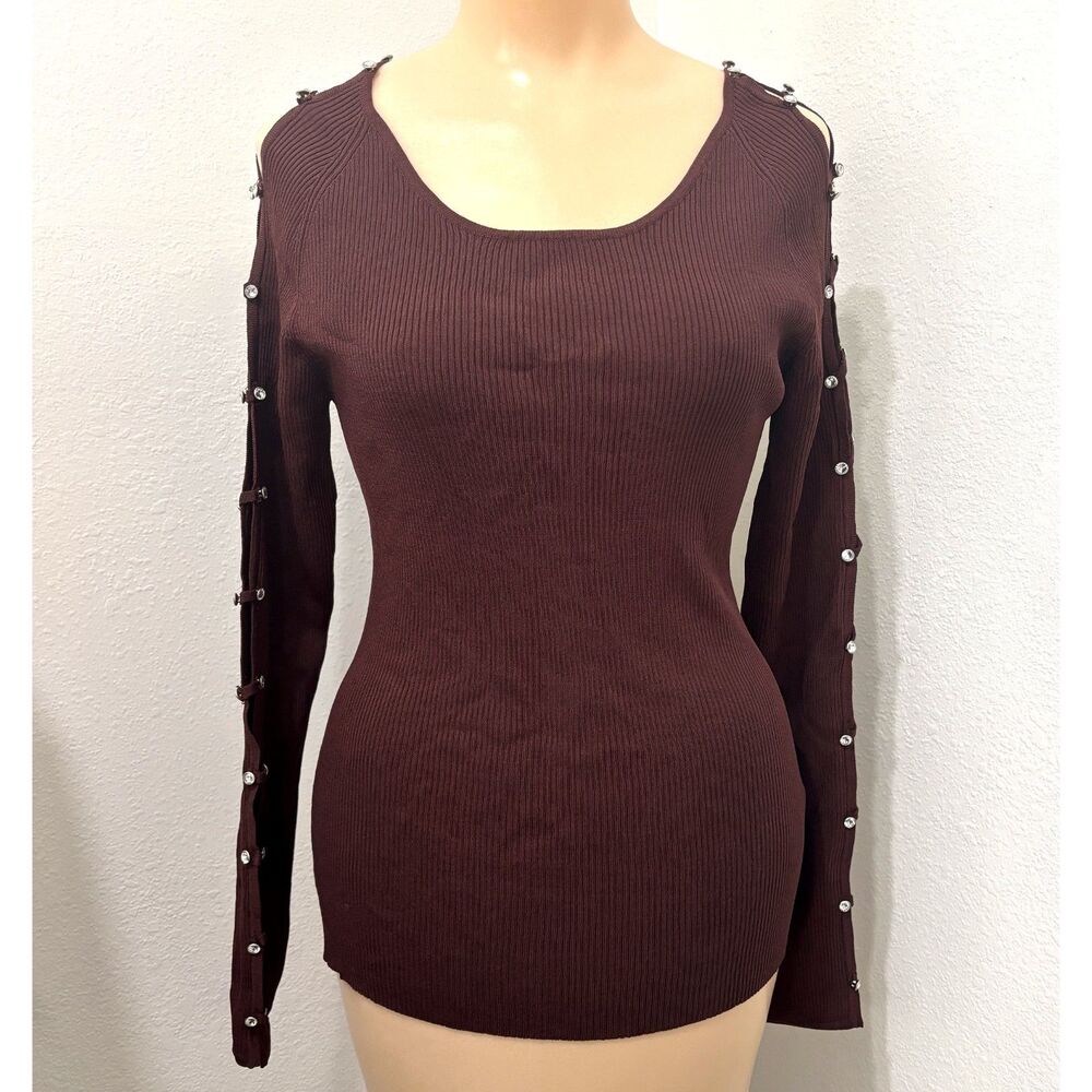Ethyl Womens Y2K Rib Knit Top Medium Brown Rhinestone Cold Shoulders Stretch